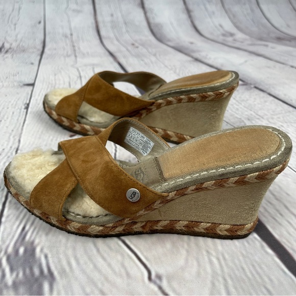 UGG Margot suede wedge sandals fur lined light brown slip on shoes, size 8 - Picture 11 of 13